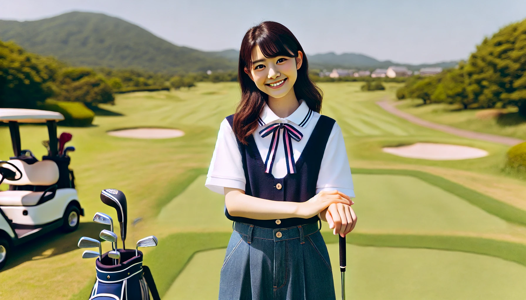 A young Japanese high school girl dressed in casual clothes, standing confidently on a golf course, holding a golf club. She is smiling brightly, symbolizing new challenges. The golf course is wide, with green grass and a clear blue sky in the background.