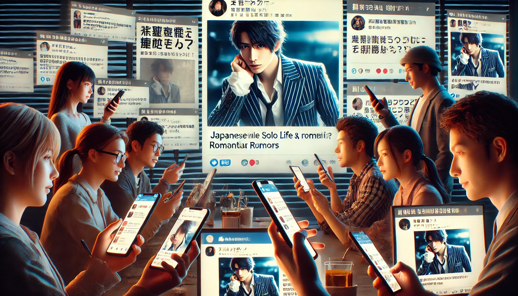 A group of fans of a Japanese male solo musician discussing his personal life and romantic rumors online. The scene shows several fans interacting on social media via smartphones and computers, with an online forum or social media feed in the background, filled with discussions about the musician. The mood is intense and lively, reflecting the fascination and curiosity fans have about the musician's romantic life. The image is horizontal, in 16:9 aspect ratio.