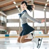 A young Japanese high school girl practicing figure skating on an ice rink. The girl is mid-jump, showing grace and athleticism, with a bright expression. The background is a well-lit indoor ice rink with large windows letting natural light stream in.