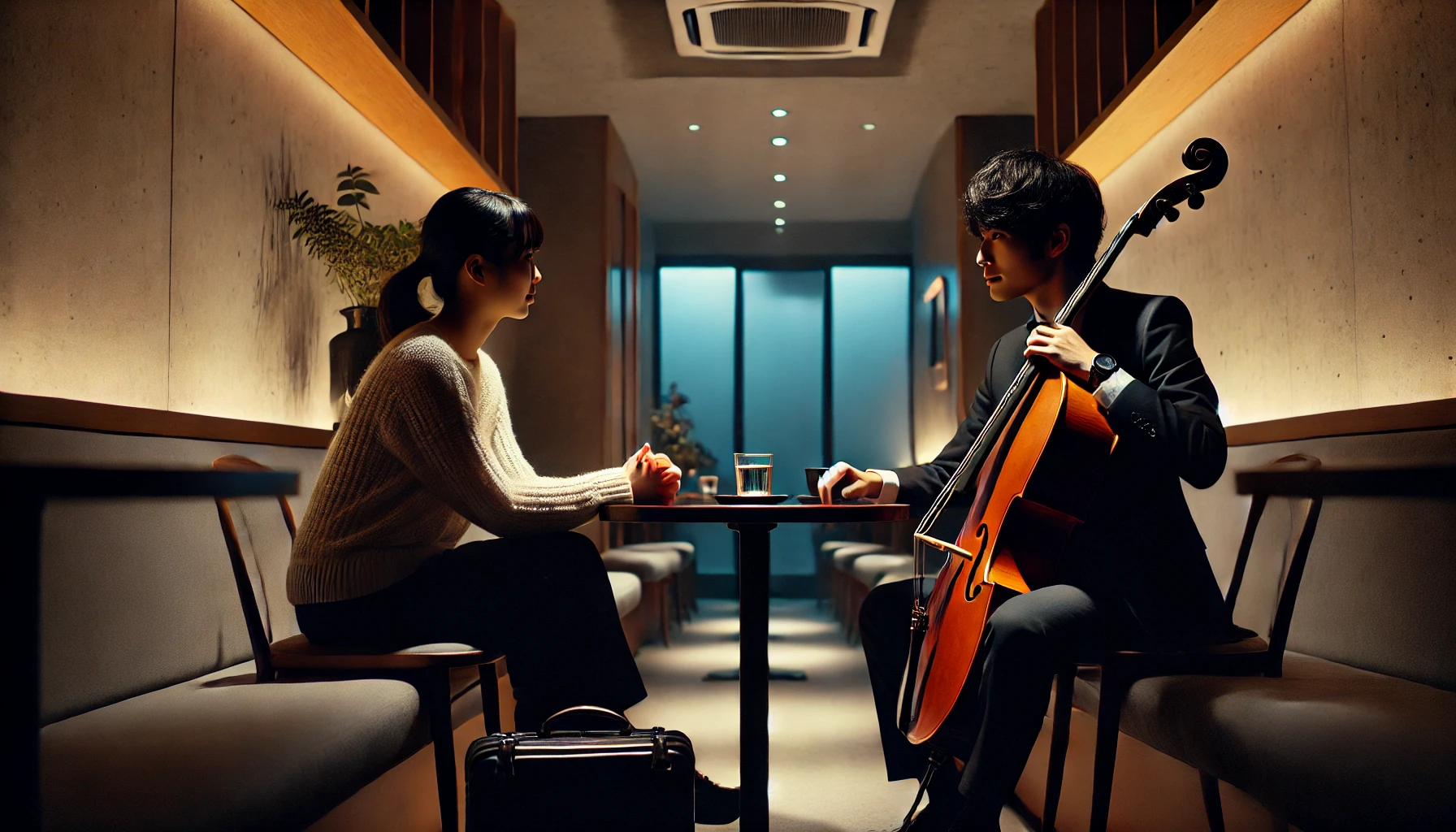 A Japanese male solo musician in a discreet café at night, having a secretive conversation with a woman. The café has a quiet, intimate atmosphere with dim lighting, reflecting the secretive nature of the meeting. The background shows a modern interior with soft lighting and shadows. The musician and the woman are sitting across from each other in a small booth, both appearing focused on their conversation. The image is horizontal, in 16:9 aspect ratio.