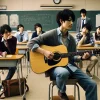 A scene showing a Japanese male solo musician in a classroom, playing guitar while classmates watch. The setting is a middle or high school classroom, with desks and a blackboard in the background. The musician is casually dressed, playing an acoustic guitar, while some classmates listen attentively. The mood is relaxed, and the setting reflects his early school days.