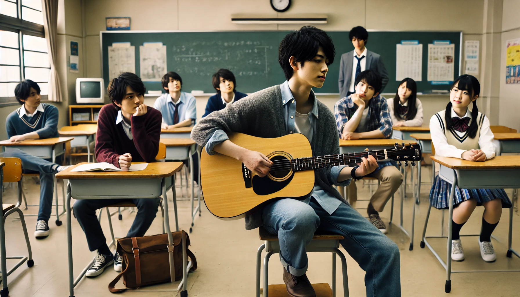 A scene showing a Japanese male solo musician in a classroom, playing guitar while classmates watch. The setting is a middle or high school classroom, with desks and a blackboard in the background. The musician is casually dressed, playing an acoustic guitar, while some classmates listen attentively. The mood is relaxed, and the setting reflects his early school days.