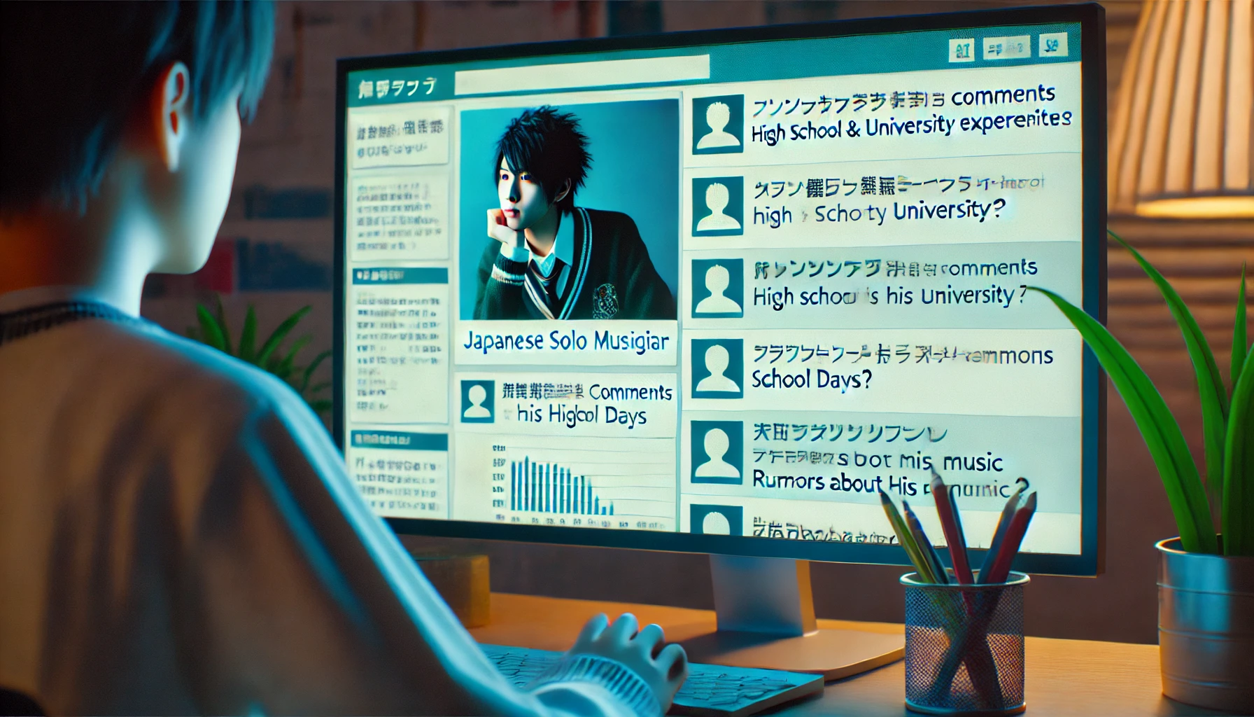 A Japanese male solo musician reading comments on a fan forum about his high school and university experiences. The scene shows a modern computer screen with a discussion forum interface, displaying topics related to his music, school days, and rumors about his academic background.