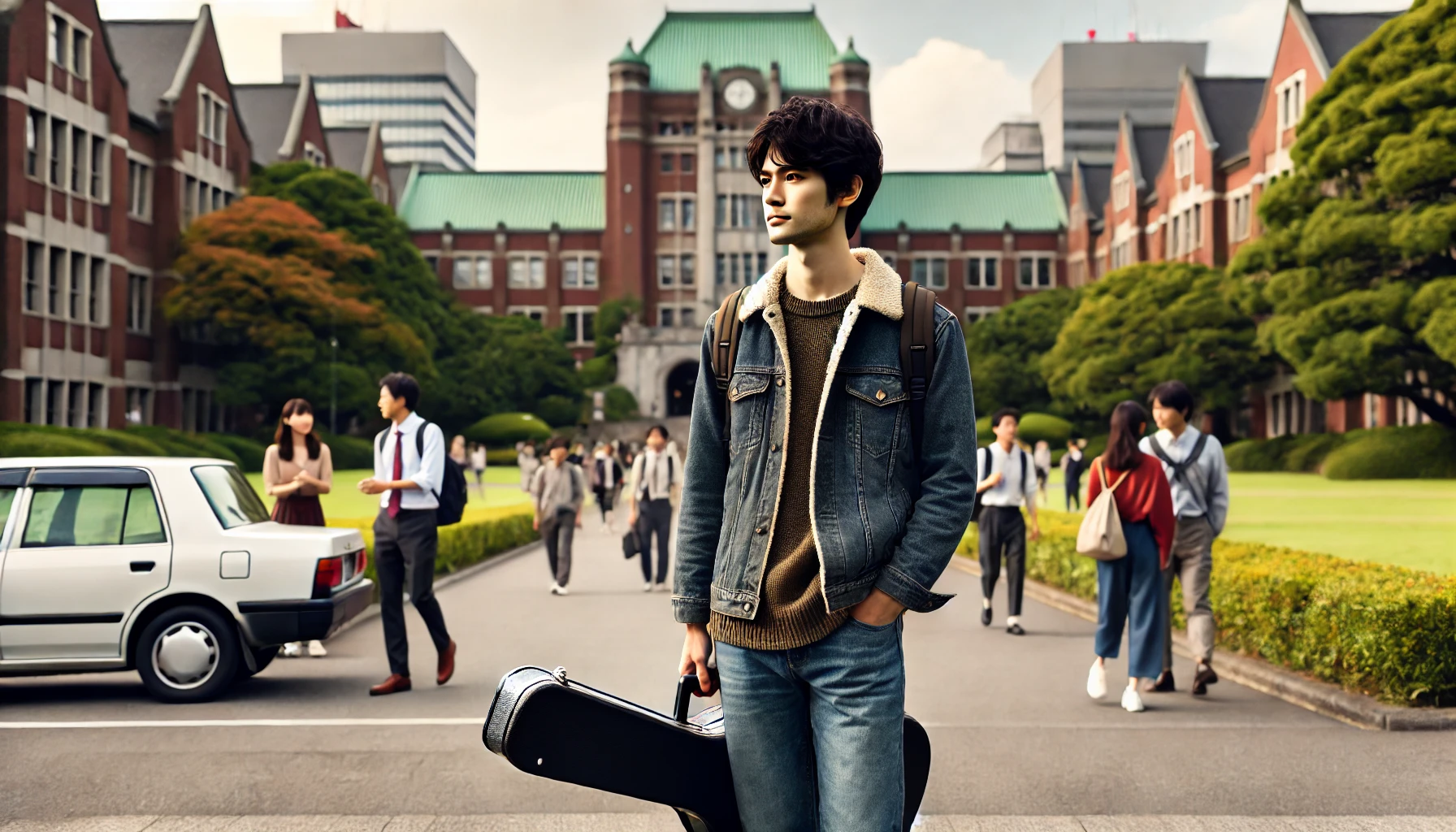 A Japanese male solo musician walking through a university campus with a guitar case. The background shows typical Japanese university buildings, trees, and students walking by. The musician has a casual style, wearing jeans and a jacket, holding a guitar case, reflecting a calm and thoughtful demeanor.