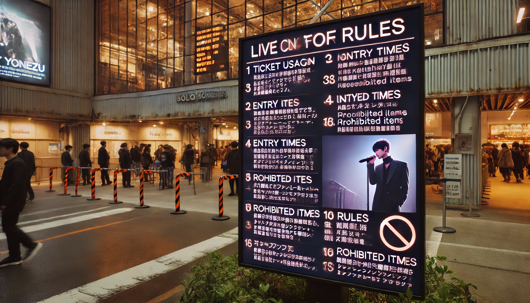 An image of rules for a live concert by a male solo musician like Kenshi Yonezu. The setting is a digital display or board outside a concert venue, showing guidelines for ticket holders. The rules include information on ticket usage, entry times, prohibited items, and general concert behavior. The background shows a hint of the concert venue with an orderly crowd.