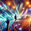 An energetic scene of a live concert by a male Japanese solo musician, similar to Kenshi Yonezu, performing in front of a large, cheering audience. The stage is lit with vibrant colors, with dynamic lighting effects illuminating the musician as he plays guitar and sings. The background shows a mix of electronic visuals and stage lights. The crowd is raising their hands, clapping, and glowing with excitement. The overall atmosphere is electric, filled with energy and passion for the music.