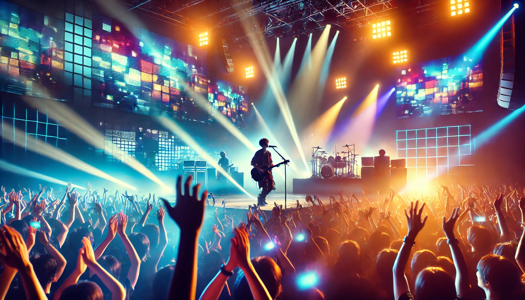 An energetic scene of a live concert by a male Japanese solo musician, similar to Kenshi Yonezu, performing in front of a large, cheering audience. The stage is lit with vibrant colors, with dynamic lighting effects illuminating the musician as he plays guitar and sings. The background shows a mix of electronic visuals and stage lights. The crowd is raising their hands, clapping, and glowing with excitement. The overall atmosphere is electric, filled with energy and passion for the music.