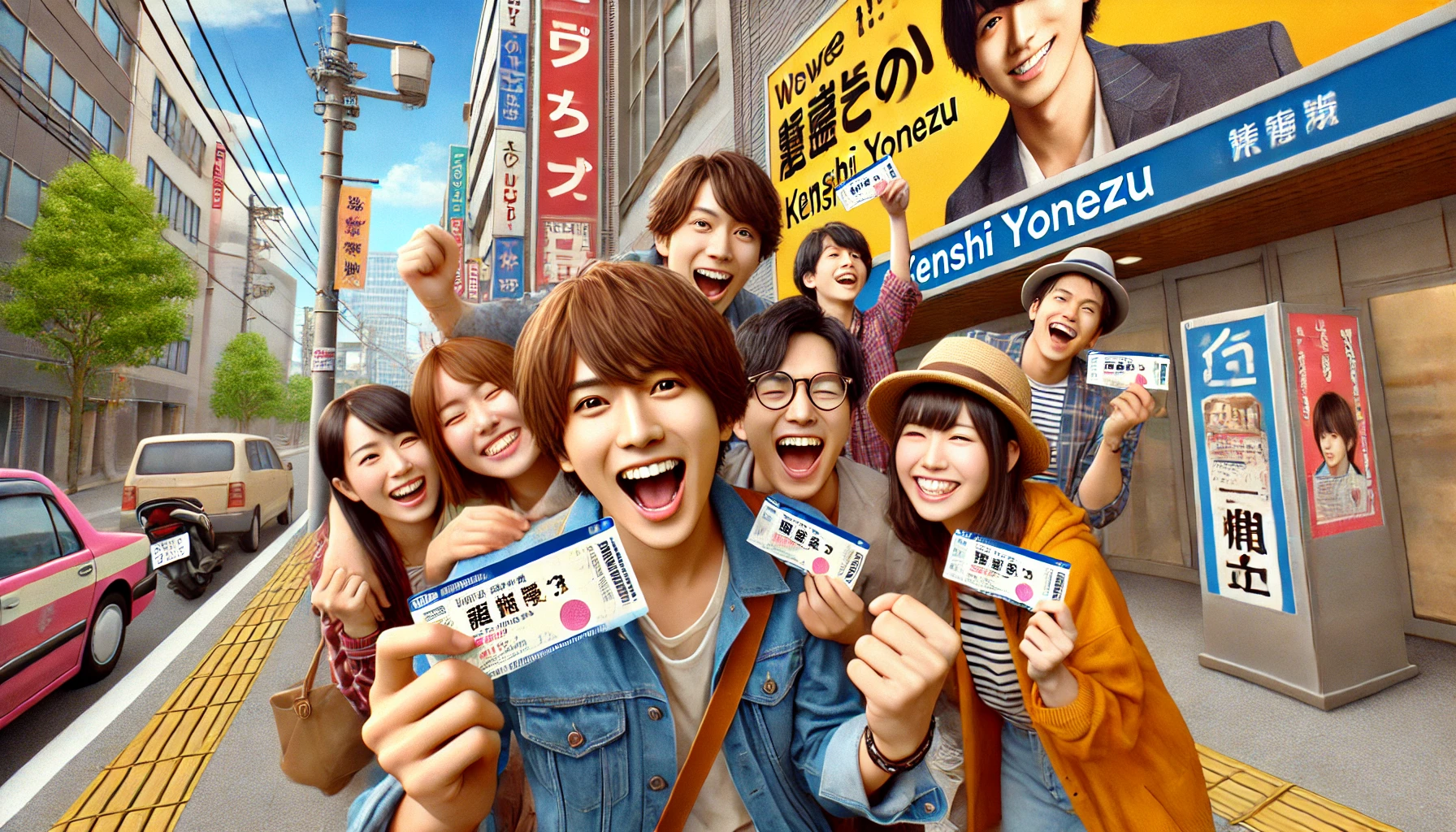 A group of excited Japanese fans celebrating after successfully obtaining a concert ticket for a male solo musician, similar to Kenshi Yonezu. The image shows the fans joyfully holding their tickets, smiling and hugging each other. They are standing outside a concert venue with a colorful billboard advertising the event in the background. The overall scene conveys a sense of achievement, excitement, and anticipation for the upcoming concert.