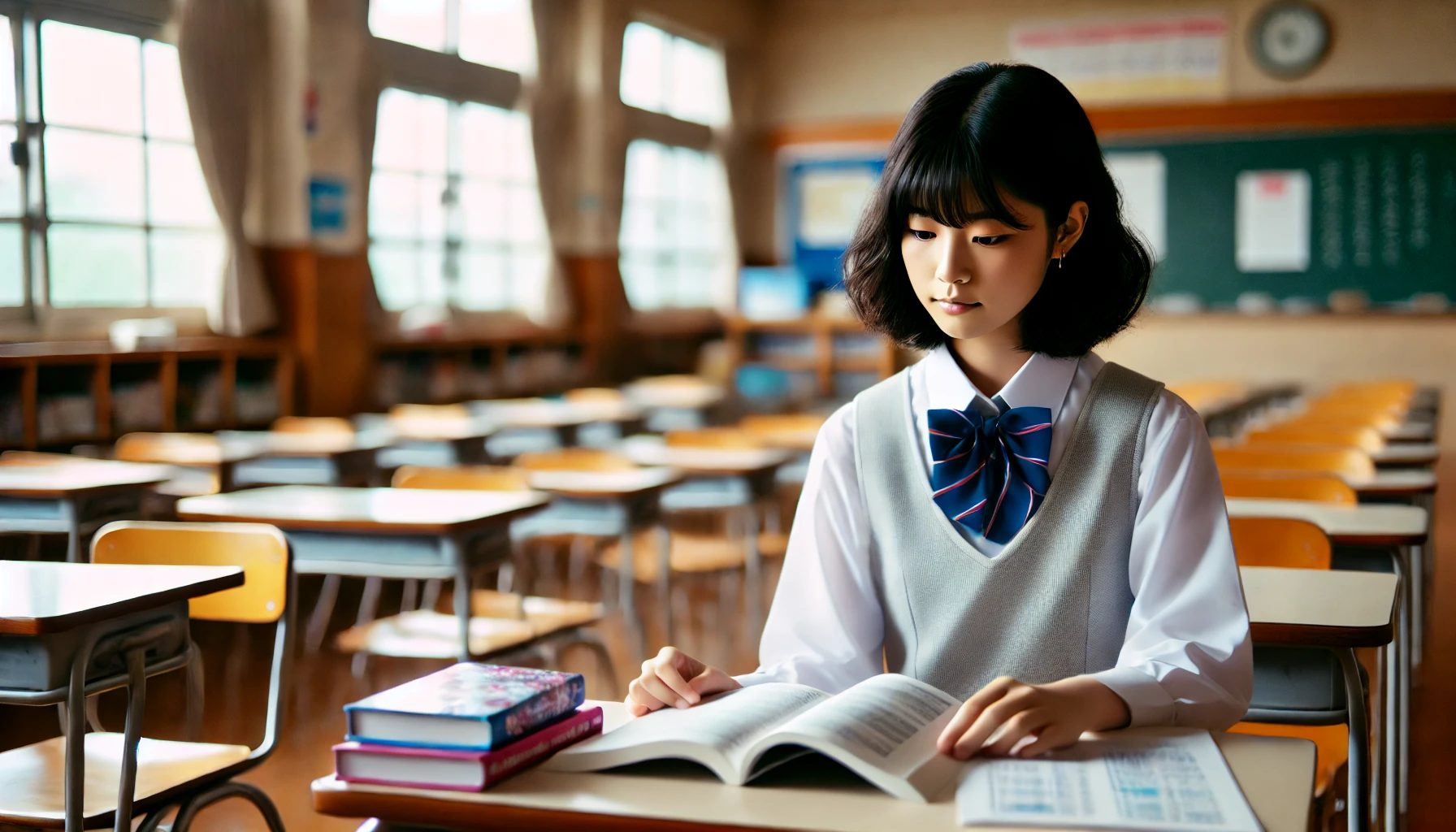 A Japanese high school girl in a school uniform, sitting at her desk in a classroom. She looks focused as she studies, with textbooks and notebooks spread out in front of her. The background shows a typical Japanese high school classroom with desks and windows letting in natural light.