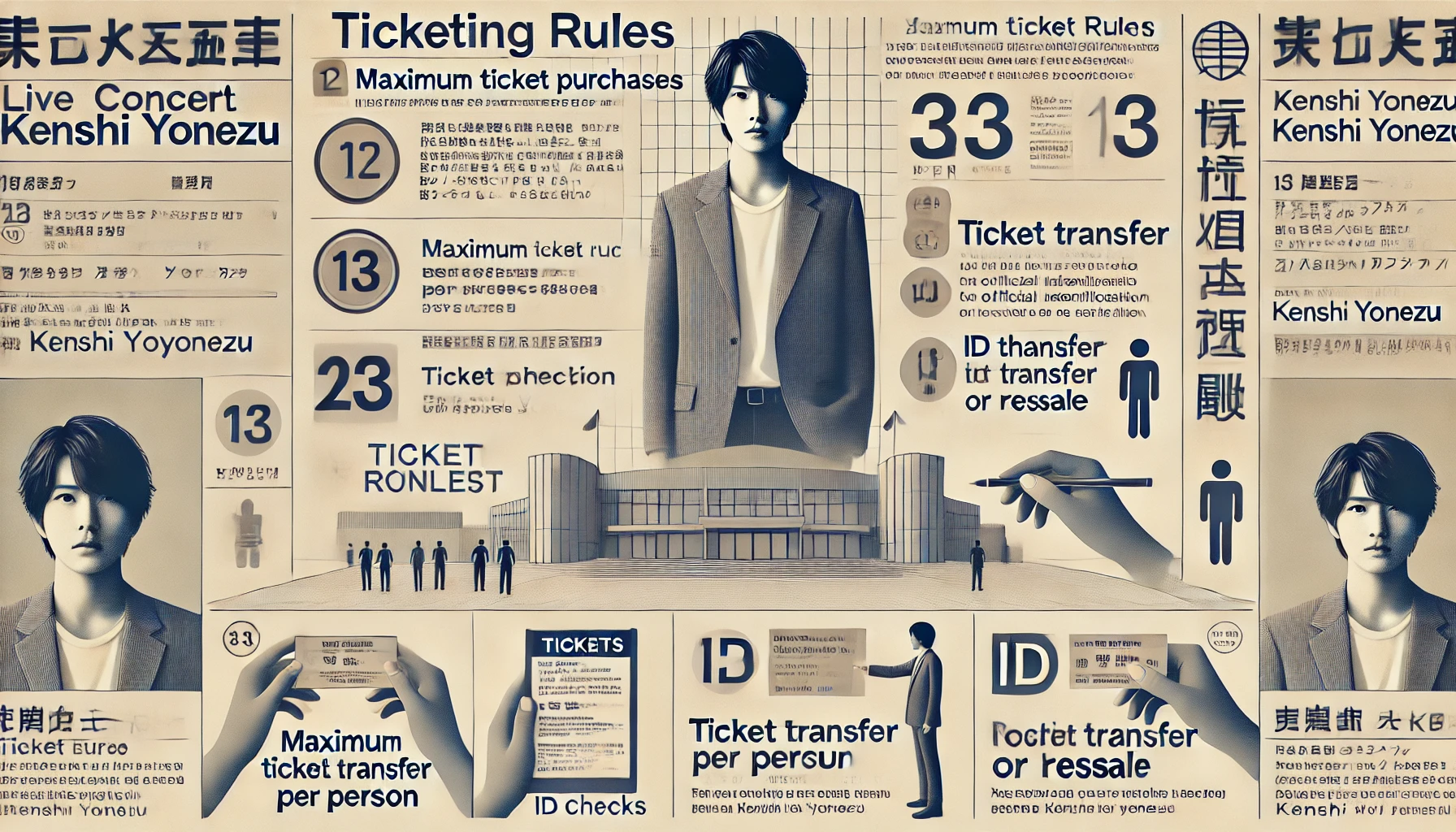 A clear and detailed image of the ticketing rules for a live concert by a male Japanese solo musician, similar to Kenshi Yonezu. The image shows a guide with rules such as maximum ticket purchases, ID checks, and restrictions on ticket transfer or resale. The scene includes text boxes highlighting key rules, such as the number of tickets per person and the need for official identification at the venue. The design is modern, with easy-to-read fonts and icons representing rules. The background is neutral to emphasize the clarity of the guidelines.