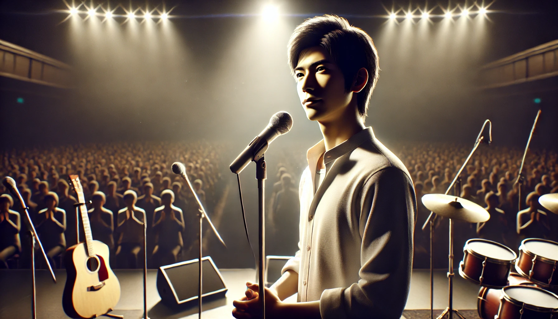 A Japanese male solo musician standing on a large stage, confidently addressing a crowd, with a spotlight shining on him. The background is dark, but the focus is on his expression, which conveys strength and resilience. The atmosphere is filled with positivity, symbolizing the public announcement of overcoming a health challenge. The musician's face is calm, and he is surrounded by instruments, representing his musical career.