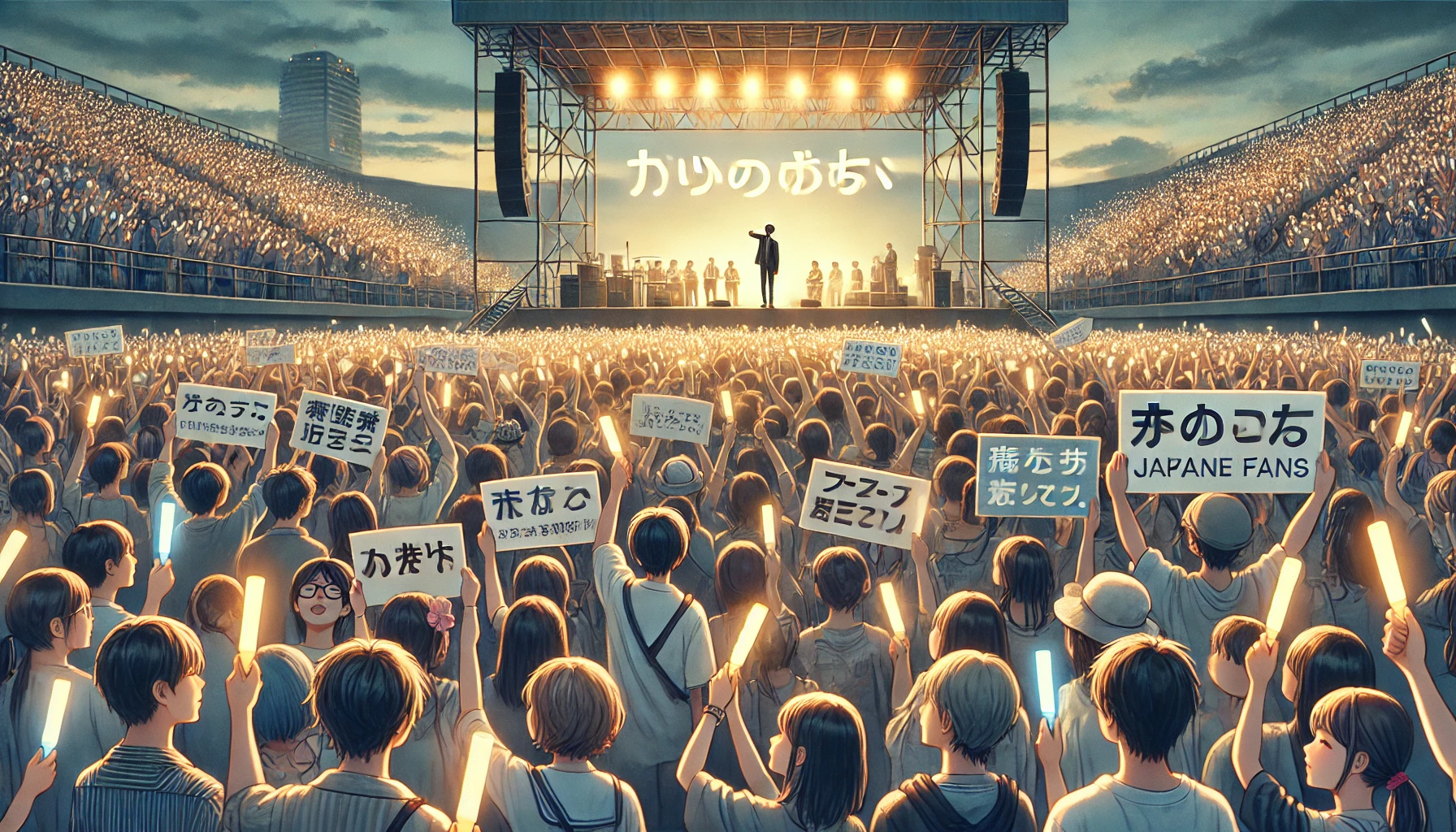 A scene of Japanese fans gathered in an outdoor concert venue, with an uplifting atmosphere. Fans are holding signs and light sticks, showing support for a male solo musician. The crowd looks hopeful and inspired, representing their positive reception to the musician's public announcement about overcoming a health challenge. The stage is in the distance, illuminated, but the focus is on the fans and their emotional connection.