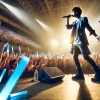 A Japanese male solo musician performing energetically on stage in front of a large, lively audience. The crowd is cheering with light sticks, and the musician is giving a powerful performance with confidence. The stage is filled with colorful lights, and the atmosphere reflects the positive and active phase of his career after publicly overcoming a health challenge.