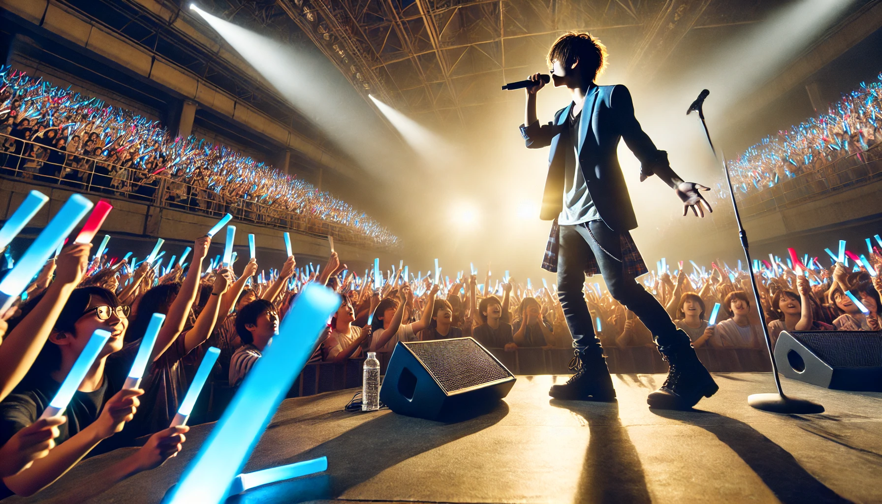 A Japanese male solo musician performing energetically on stage in front of a large, lively audience. The crowd is cheering with light sticks, and the musician is giving a powerful performance with confidence. The stage is filled with colorful lights, and the atmosphere reflects the positive and active phase of his career after publicly overcoming a health challenge.