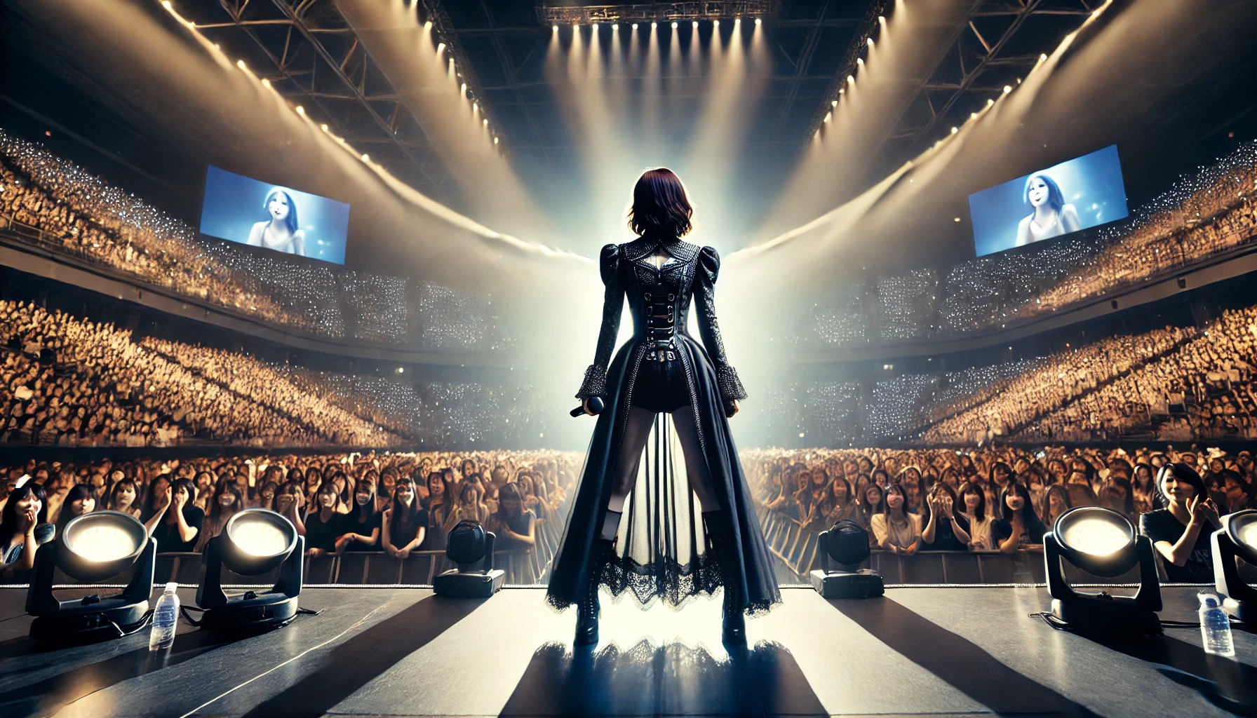 A Japanese female solo musician, standing confidently on stage in front of a large and enthusiastic crowd, symbolizing her immense popularity. The lighting is dramatic, with beams highlighting her powerful performance. She is dressed in a striking outfit, embodying both elegance and strength, while the vibrant atmosphere captures the energy of her fans and the immense support she receives. The backdrop showcases large screens and concert visuals, enhancing the grandeur of the event.