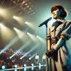 A young Japanese female solo musician, standing confidently on stage during her debut performance. The atmosphere is electric, with bright spotlights and a vibrant crowd in the background. She is holding a microphone, dressed in a stylish, trendy outfit, embodying a fresh and bold image. The lighting captures the intensity of her presence and the excitement of the moment.