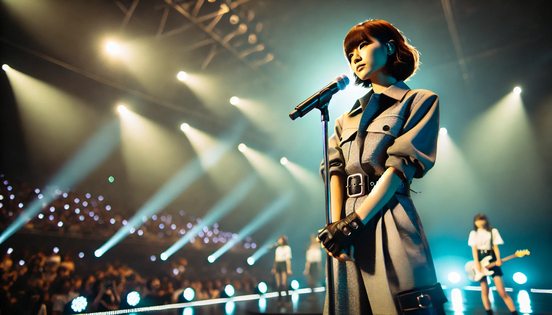 A young Japanese female solo musician, standing confidently on stage during her debut performance. The atmosphere is electric, with bright spotlights and a vibrant crowd in the background. She is holding a microphone, dressed in a stylish, trendy outfit, embodying a fresh and bold image. The lighting captures the intensity of her presence and the excitement of the moment.