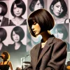 A Japanese female solo musician, known for her distinctive hairstyles. She is performing on stage, wearing a stylish outfit, and her hair is styled in a sleek, modern cut, perhaps a bob or a short layered style. The background is filled with subtle images of her past hairstyles, showing the variety and evolution over time. The lighting highlights her hairstyle as a central feature of her look, while the stage atmosphere enhances the performance.