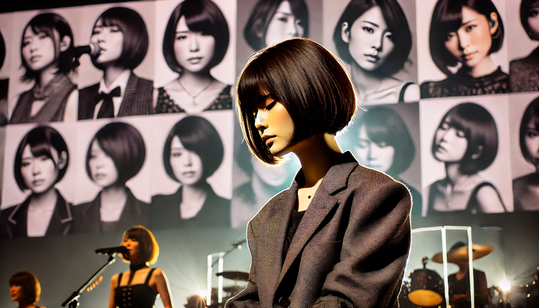 A Japanese female solo musician, known for her distinctive hairstyles. She is performing on stage, wearing a stylish outfit, and her hair is styled in a sleek, modern cut, perhaps a bob or a short layered style. The background is filled with subtle images of her past hairstyles, showing the variety and evolution over time. The lighting highlights her hairstyle as a central feature of her look, while the stage atmosphere enhances the performance.