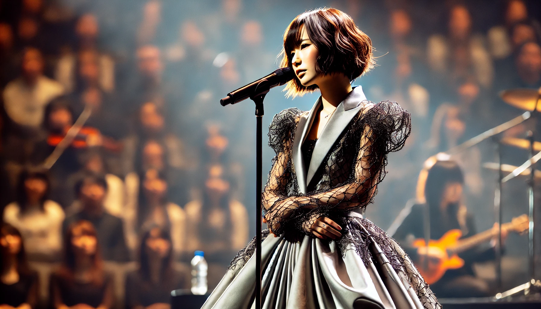 A Japanese female solo musician, showcasing her unique style. She is on stage, wearing an elegant yet modern outfit that reflects her individuality and creativity. The lighting is soft, with a focus on her presence, highlighting her bold fashion choices and signature look. The background shows a large audience, captivated by her performance. The overall vibe is one of confidence and artistic expression.