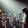 A solo female Japanese musician performing with deep emotion on stage, with soft, dim lighting. The background shows an audience mesmerized by the lyrics, giving a sense of profound meaning behind the words. The musician stands under a spotlight, holding a microphone with intense focus. The overall atmosphere is intimate, thoughtful, and reflective of the meaningful lyrics in the performance.