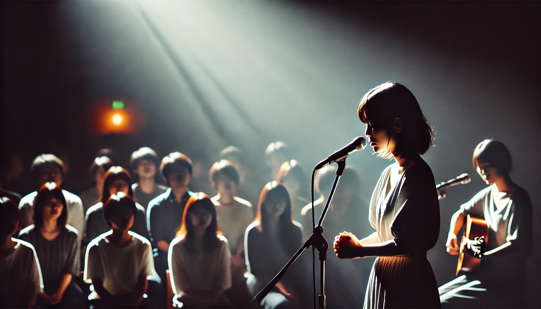 A solo female Japanese musician performing with deep emotion on stage, with soft, dim lighting. The background shows an audience mesmerized by the lyrics, giving a sense of profound meaning behind the words. The musician stands under a spotlight, holding a microphone with intense focus. The overall atmosphere is intimate, thoughtful, and reflective of the meaningful lyrics in the performance.