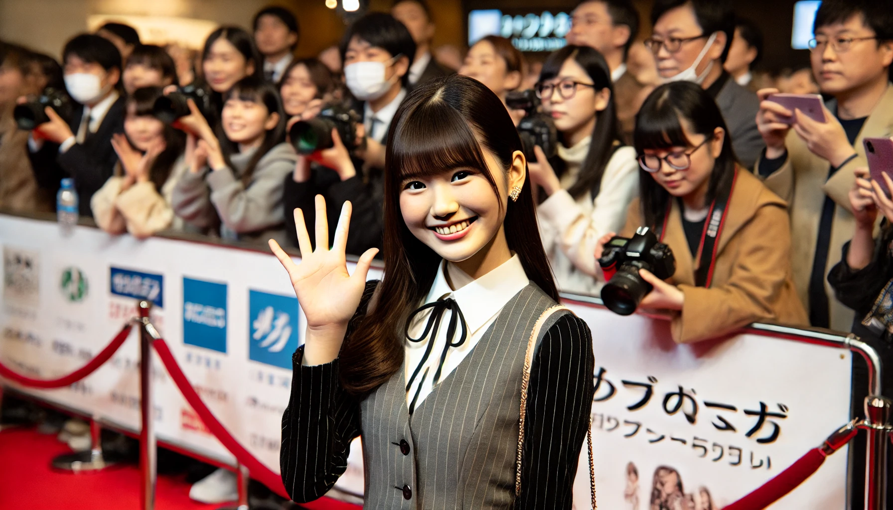 A smiling Japanese high school girl, standing on a red carpet at a public event. She is elegantly dressed in a fashionable outfit, waving to fans and the press. The background includes a step-and-repeat banner with logos, cameras flashing, and a crowd of spectators.