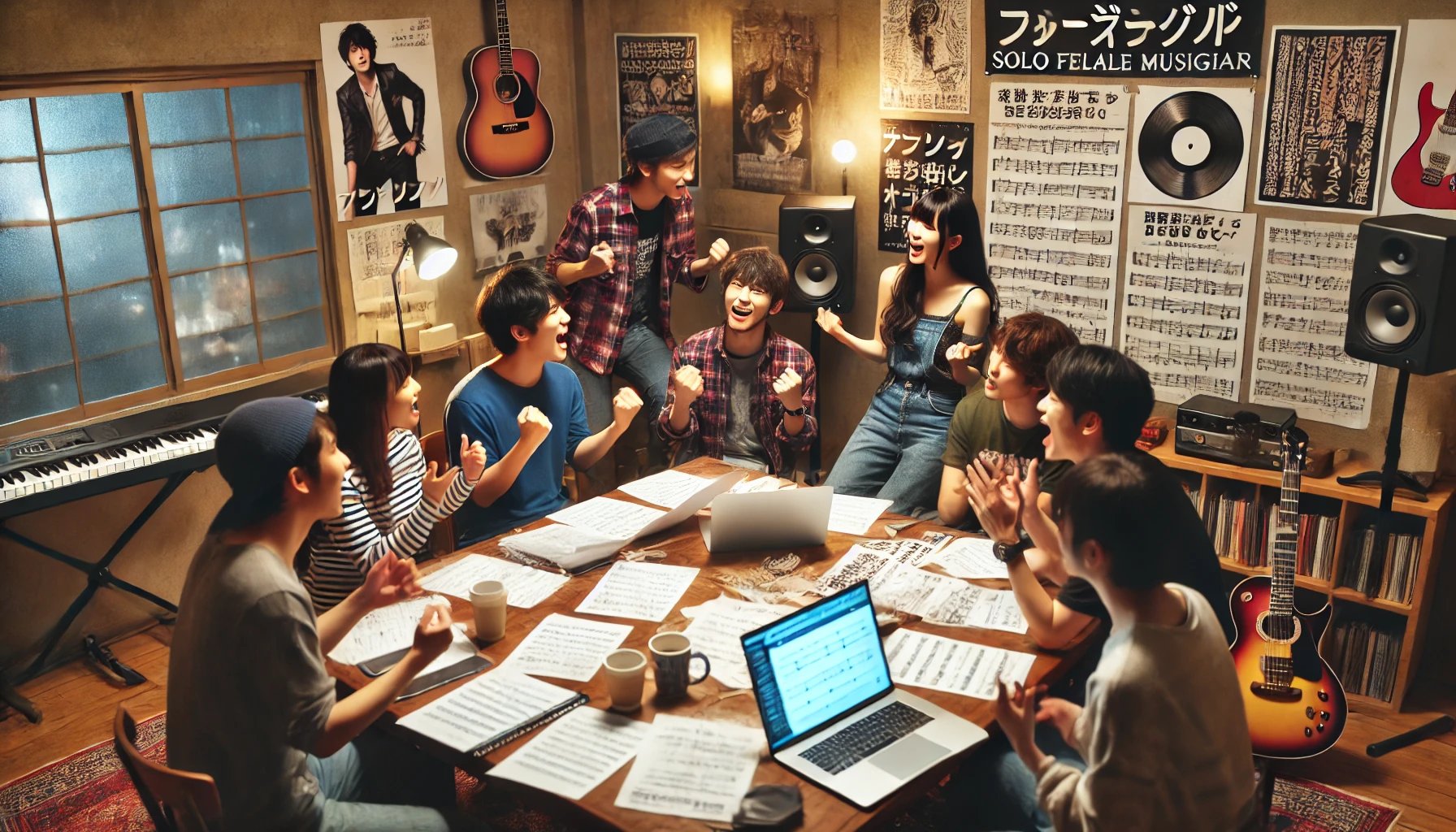 A group of Japanese music fans passionately discussing and debating the meaning behind the lyrics of a solo female musician's song. The setting is an informal but cozy room with music-related posters on the wall. There are laptops, music sheets, and notebooks on the table as the fans analyze and engage in a lively discussion about the lyrics. The mood is energetic and enthusiastic.