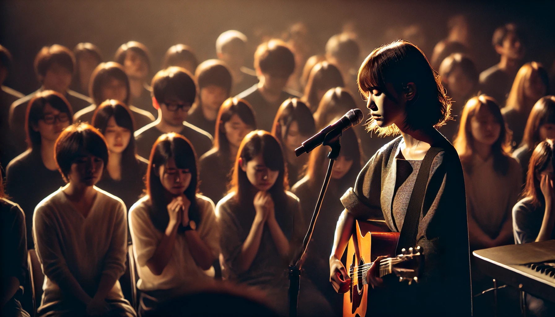 An emotional moment during a live performance of a Japanese female solo musician, with the audience deeply moved and some wiping tears. The musician is performing under soft, dramatic lighting, her expression conveying the heartfelt nature of the lyrics. The setting is an intimate concert hall, with the crowd focused entirely on the performance, clearly showing the emotional impact of the music.