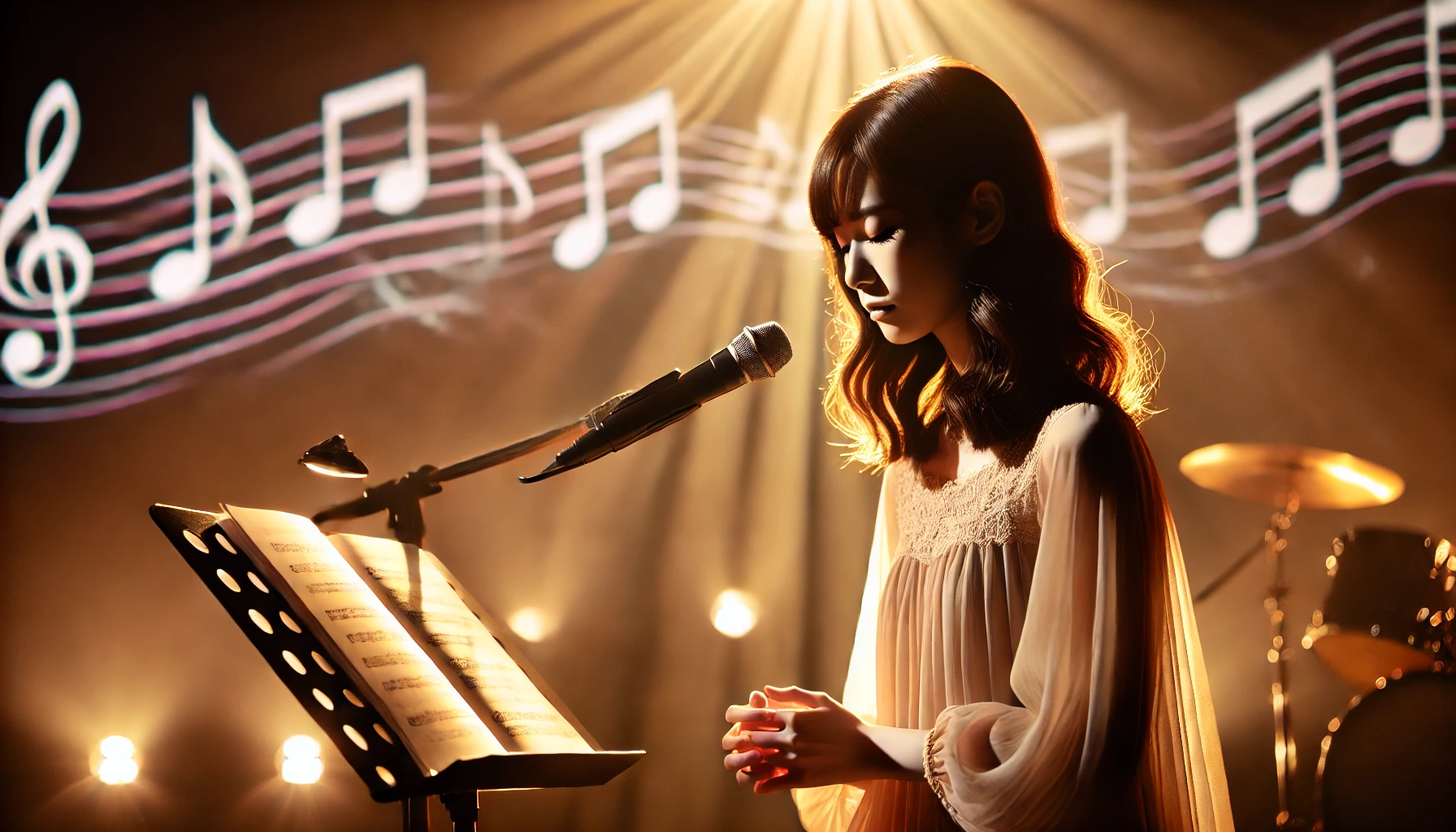 A Japanese female solo musician on stage performing a heartfelt ballad, with soft warm lighting highlighting her. The background features soft visual representations of musical notes flowing along with the melody. The stage is simple yet intimate, focusing on the emotional connection between the lyrics and melody as the audience listens attentively.