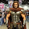 A muscular man like Logan Chitwood dressed in an anime cosplay costume. The costume should resemble a powerful warrior from a popular series, complete with body armor, a cape, and a confident pose. The background is a fan event or convention, where the man is standing proudly in front of a large crowd, with banners and anime figures around.