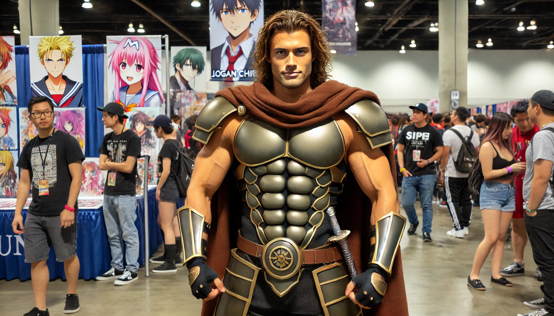 A muscular man like Logan Chitwood dressed in an anime cosplay costume. The costume should resemble a powerful warrior from a popular series, complete with body armor, a cape, and a confident pose. The background is a fan event or convention, where the man is standing proudly in front of a large crowd, with banners and anime figures around.