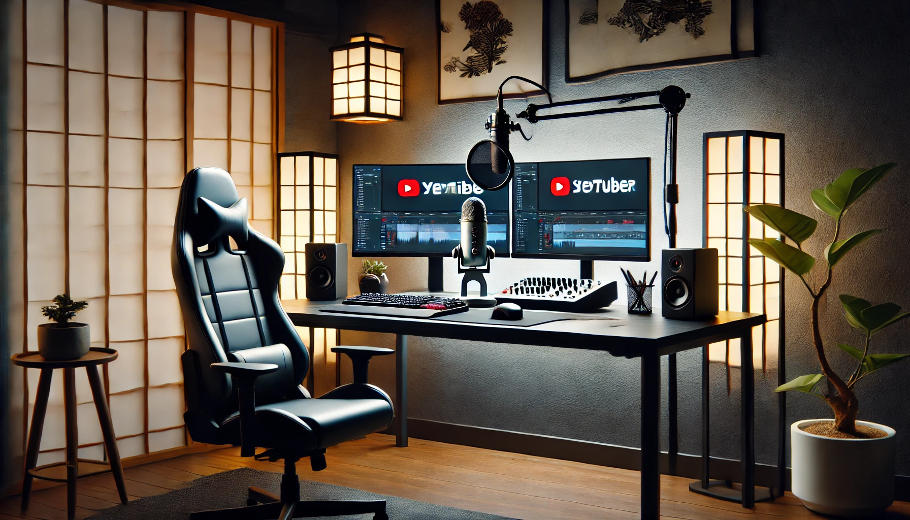 A modern Japanese YouTuber's home office setup, showcasing a sleek workspace with dual monitors, a professional microphone, a gaming chair, and ambient lighting, resembling a typical YouTuber's environment. The background includes a subtle hint of Japanese decor such as a bonsai or shoji screen.