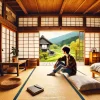 A peaceful Japanese rural home with traditional elements like shoji screens and tatami floors, where a young Japanese YouTuber is settling in after moving to Japan. The home is nestled among nature, with mountains and greenery visible outside. The YouTuber is seen casually relaxing and enjoying the calm lifestyle.