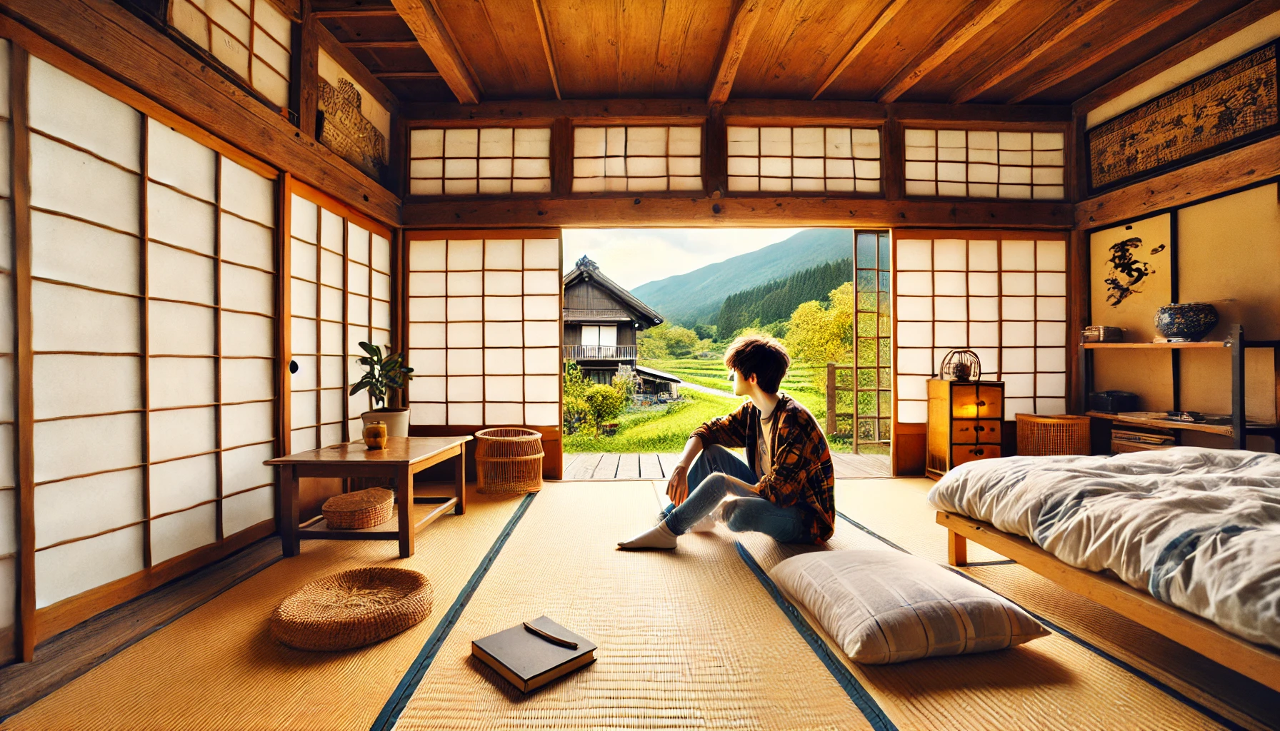 A peaceful Japanese rural home with traditional elements like shoji screens and tatami floors, where a young Japanese YouTuber is settling in after moving to Japan. The home is nestled among nature, with mountains and greenery visible outside. The YouTuber is seen casually relaxing and enjoying the calm lifestyle.