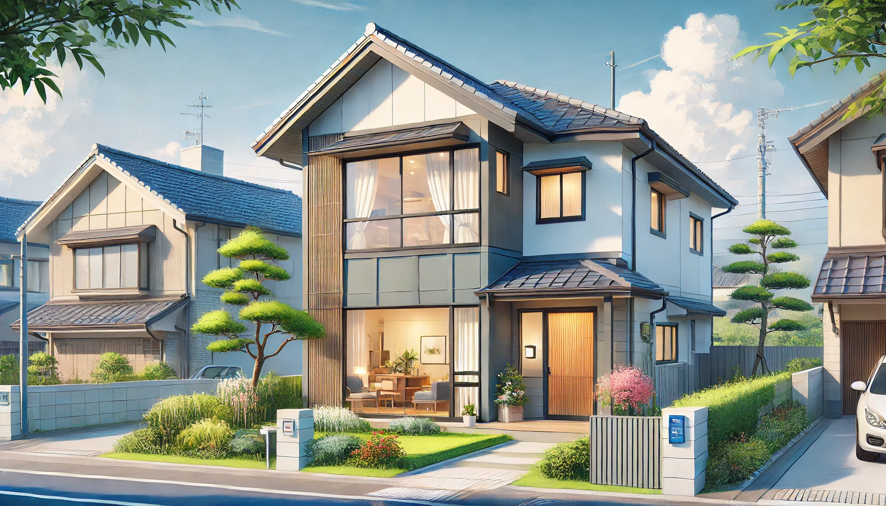 A Japanese family home in a quiet suburban area, with a modern yet modest exterior. The home has a well-maintained garden, a large window, and a welcoming atmosphere, hinting at a comfortable lifestyle but not overly luxurious.