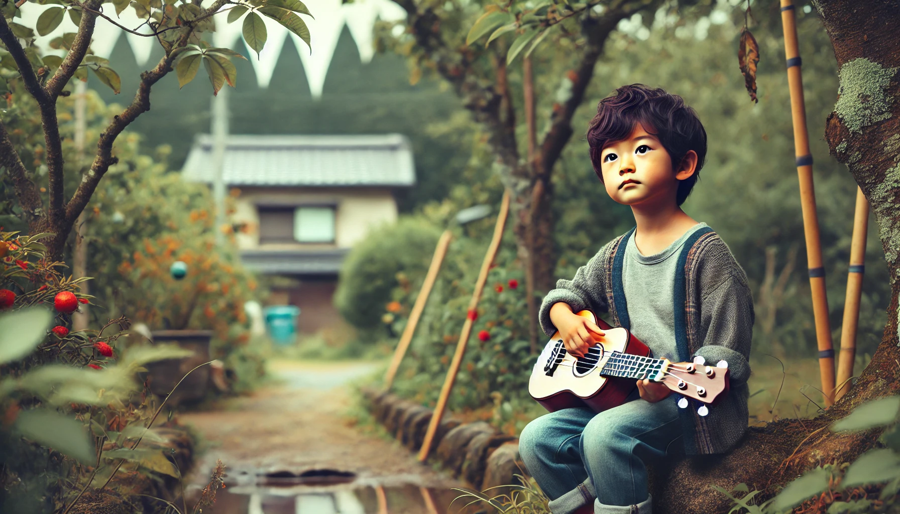 A young Japanese male solo musician as a child, growing up in a peaceful, nature-rich neighborhood. He is seen holding a toy guitar, surrounded by trees and a calm atmosphere, reflecting his artistic upbringing.