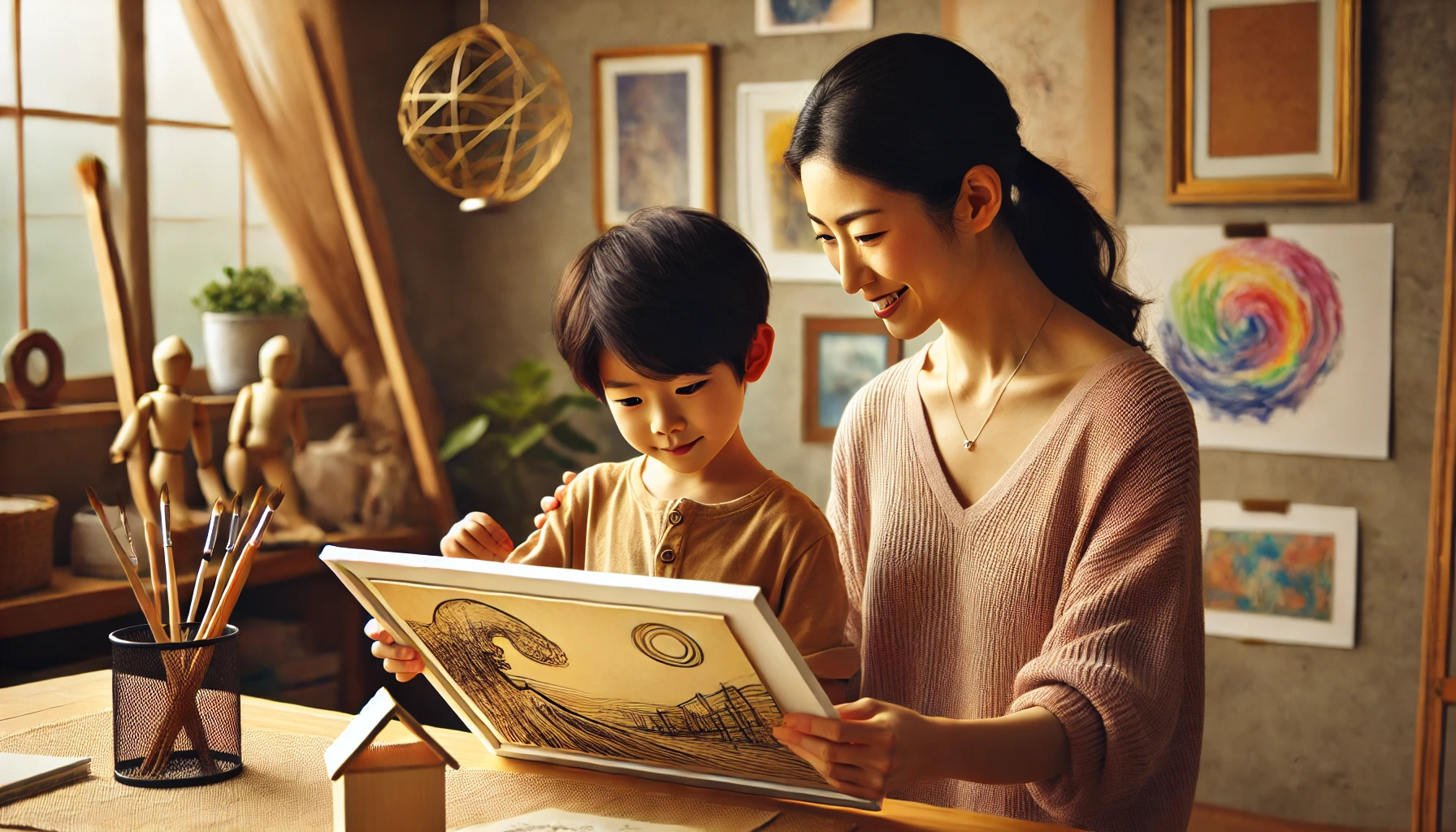 A Japanese mother and son at home, with the mother showing the son a painting or piece of artwork. The environment is warm and filled with artistic elements like sketches and sculptures, reflecting a creative and supportive family atmosphere.