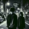 A Japanese male solo musician walking with a woman at night through quiet city streets, their faces partially obscured, evoking mystery. The background shows dimly lit streets, with buildings and streetlights casting long shadows. The two are walking side by side, their body language suggesting they are familiar but trying to remain unnoticed. The image is horizontal, in 16:9 aspect ratio.