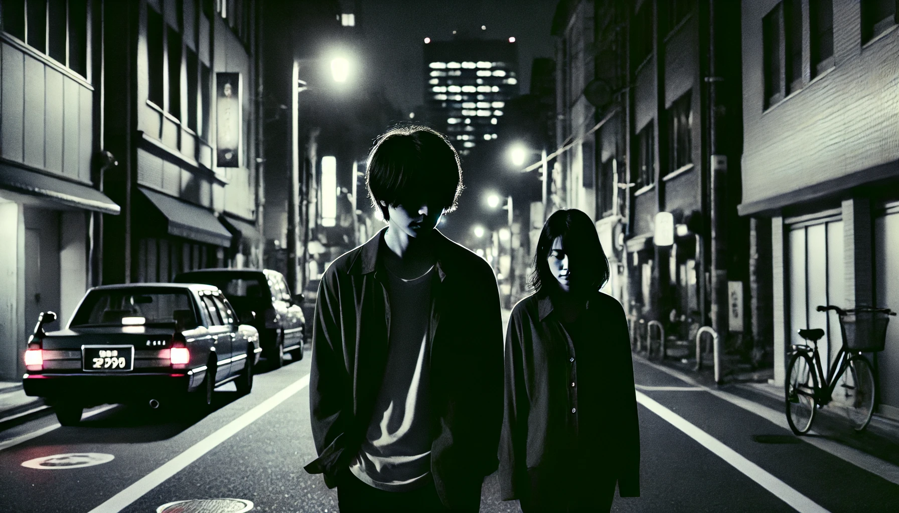 A Japanese male solo musician walking with a woman at night through quiet city streets, their faces partially obscured, evoking mystery. The background shows dimly lit streets, with buildings and streetlights casting long shadows. The two are walking side by side, their body language suggesting they are familiar but trying to remain unnoticed. The image is horizontal, in 16:9 aspect ratio.