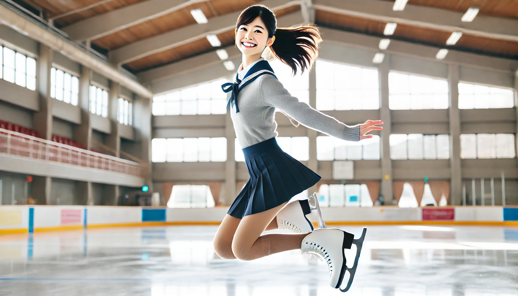 A young Japanese high school girl practicing figure skating on an ice rink. The girl is mid-jump, showing grace and athleticism, with a bright expression. The background is a well-lit indoor ice rink with large windows letting natural light stream in.