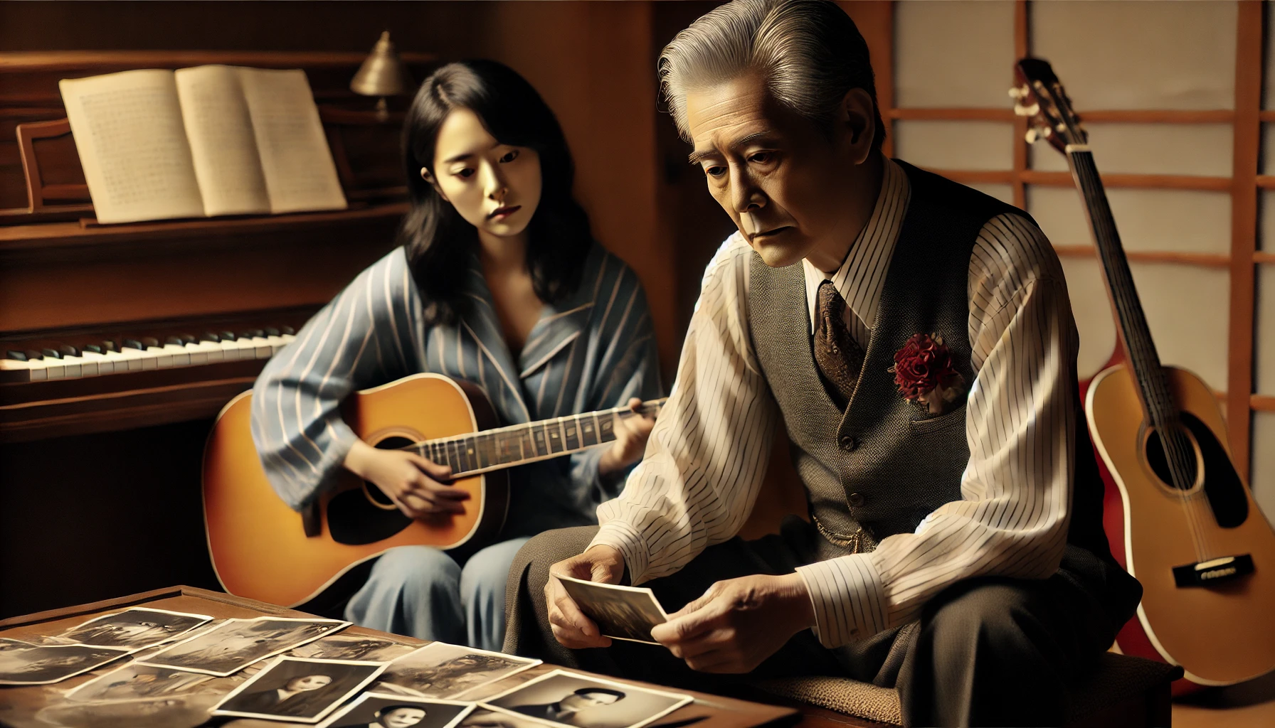 A scene showing a Japanese father and his female musician daughter at home, reflecting on a tumultuous life of marriages and divorces. The father, dressed formally, appears thoughtful while looking at old photographs. The daughter is seated next to him, casually dressed, supporting her father as they reminisce. The atmosphere is reflective and nostalgic. The room is cozy with a family-like warmth, wooden furniture, and a soft, quiet ambiance.