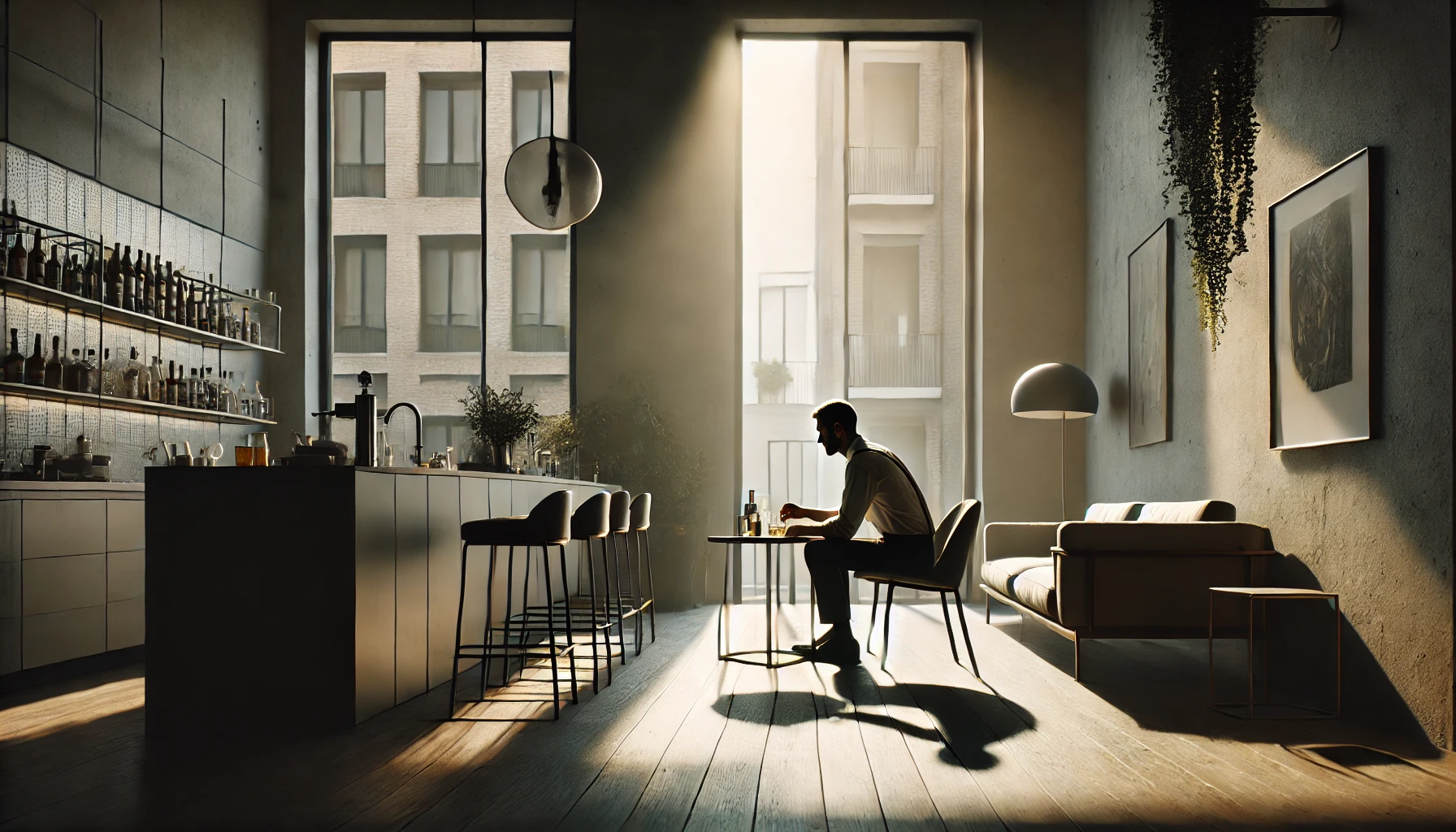 A scene of an Italian bartender’s quiet life, set in a contemporary Italian apartment, with sunlight streaming through large windows. The bartender is sitting in a peaceful setting, surrounded by minimalistic modern furniture. The atmosphere reflects a calm, private lifestyle, away from the public eye, highlighting their focus on maintaining a low profile in the current day.