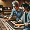 A moment of success in a music studio where a Japanese female solo musician is working with her father as the producer. The father is guiding and providing input as they both work together on a music track. The setting is a modern recording studio with professional sound equipment, and the atmosphere is one of collaboration and mutual respect. The daughter is wearing casual artist attire, while the father is in business casual.