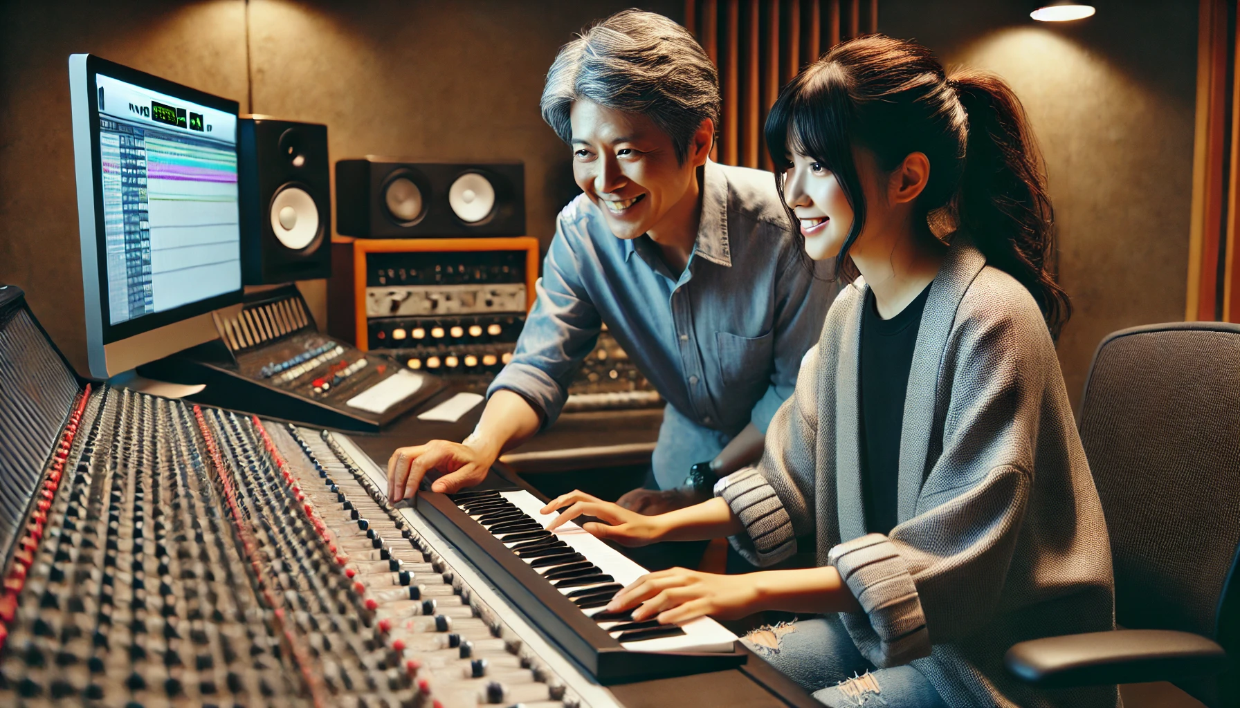 A moment of success in a music studio where a Japanese female solo musician is working with her father as the producer. The father is guiding and providing input as they both work together on a music track. The setting is a modern recording studio with professional sound equipment, and the atmosphere is one of collaboration and mutual respect. The daughter is wearing casual artist attire, while the father is in business casual.