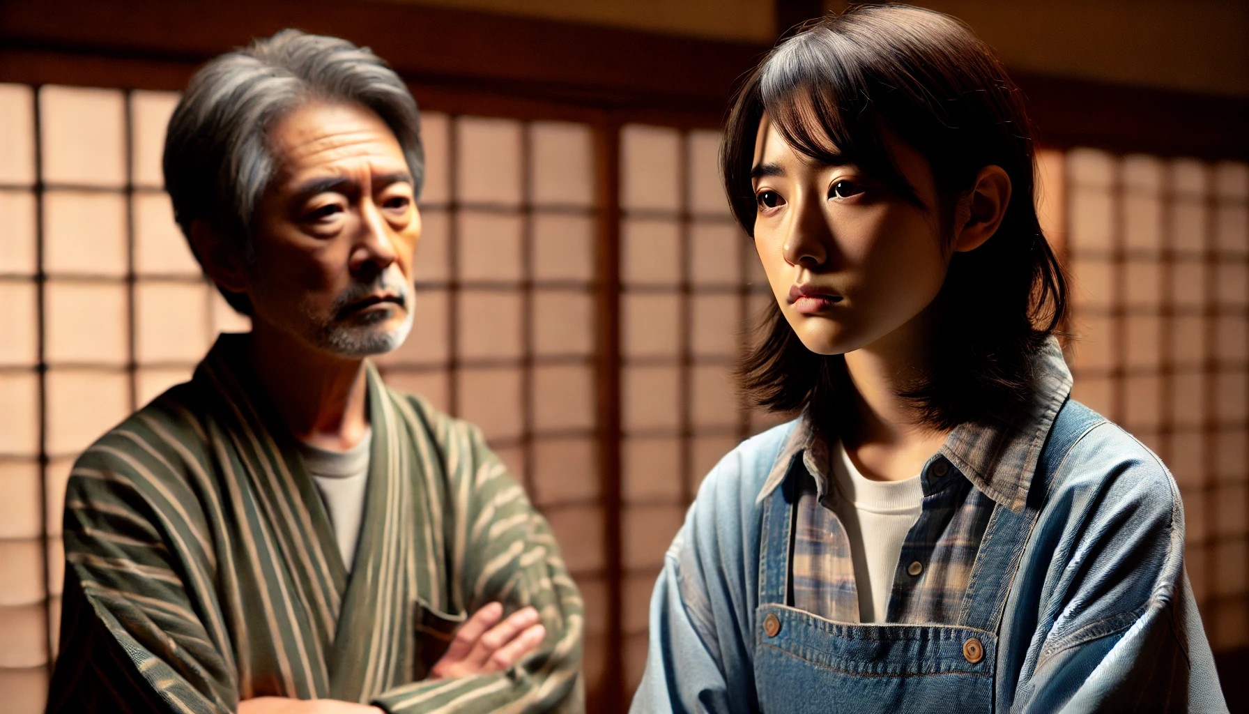 A scene depicting a Japanese female solo musician in her youth having a serious conversation with her father, in an emotionally tense atmosphere. The setting is a traditional Japanese home, with wooden sliding doors and soft lighting. Both characters show mixed emotions of frustration and sadness. The female musician is dressed casually, while the father appears slightly older and formal in his attire, suggesting a generational and cultural gap.