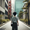 A young boy walking through a quiet city street, viewed from behind, in casual clothes. Similar to Hikaru Utada's son, he is holding a small bag, and the city is calm with modern buildings and trees. His face is not visible, symbolizing privacy in urban life. The scene captures a peaceful, everyday moment in a hidden life.