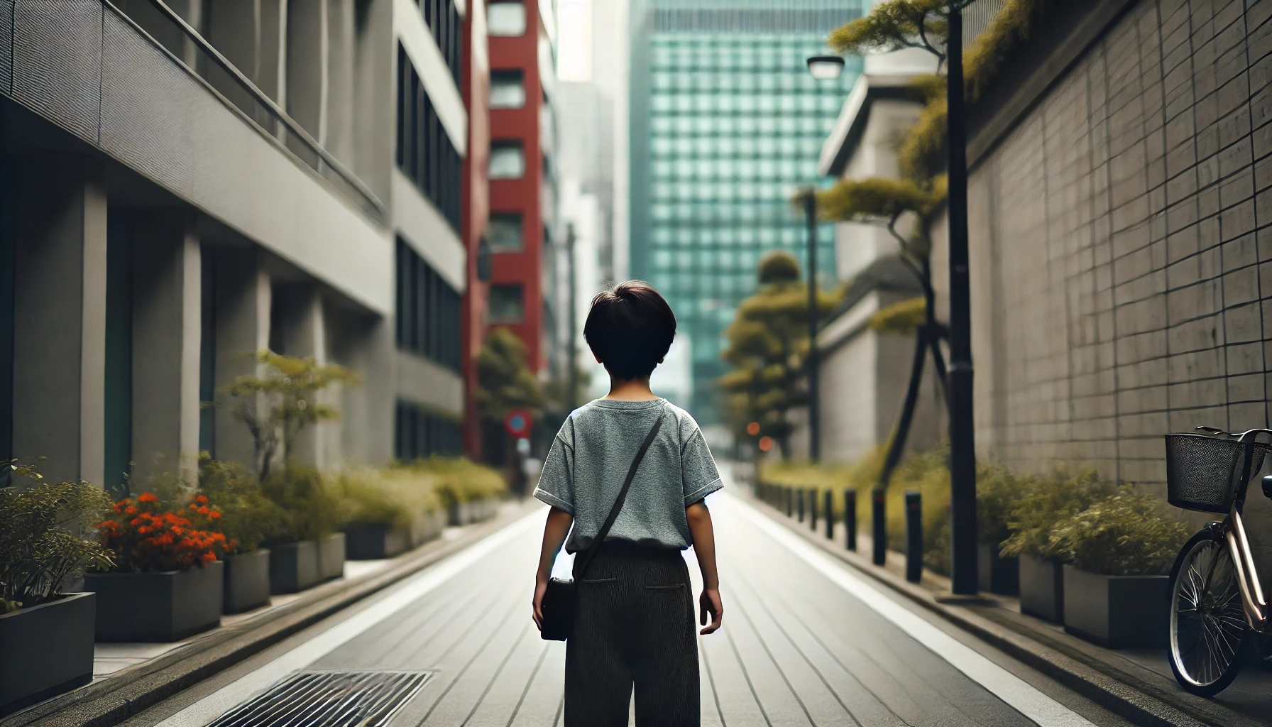 A young boy walking through a quiet city street, viewed from behind, in casual clothes. Similar to Hikaru Utada's son, he is holding a small bag, and the city is calm with modern buildings and trees. His face is not visible, symbolizing privacy in urban life. The scene captures a peaceful, everyday moment in a hidden life.