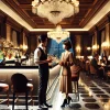 A stylish Italian bartender working at a luxurious, dimly lit bar in a 5-star hotel, meeting a famous female solo musician who resembles Utada Hikaru. The setting features elegant decor with chandeliers, polished marble counters, and a grand ambiance, capturing a sophisticated and intimate moment of conversation.