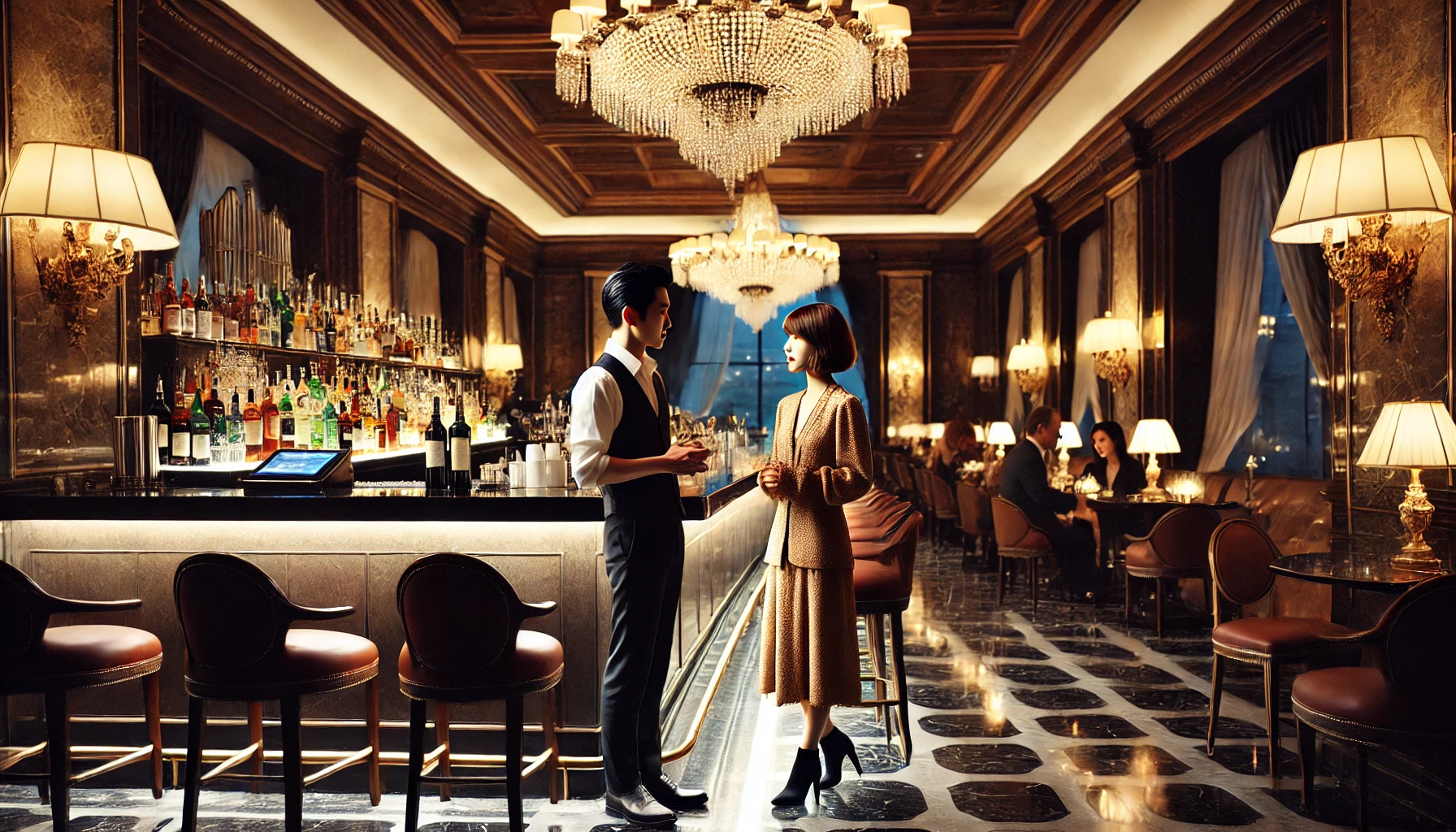 A stylish Italian bartender working at a luxurious, dimly lit bar in a 5-star hotel, meeting a famous female solo musician who resembles Utada Hikaru. The setting features elegant decor with chandeliers, polished marble counters, and a grand ambiance, capturing a sophisticated and intimate moment of conversation.